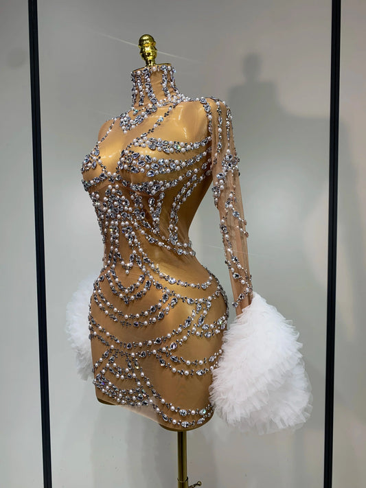 Luxury Sparkly Diamonds Pearl Mesh Mini Dress Women Celebrate Evening Party Birthday Fancy Club Sexy Bodycon Singer Stage Outfit