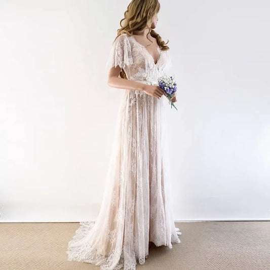 New Boho Wedding Dress 2026 V Neck Cap Sleeve Lace Beach Bridal Gown Backless Bride Dresses robe de mariage