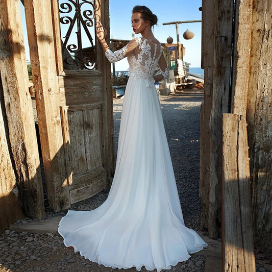 Classic A-line Wedding Dresses Scoop Empire Lace Appliques Illusion Chiffon Formal Bridal Gowns  Vestidos De Novias