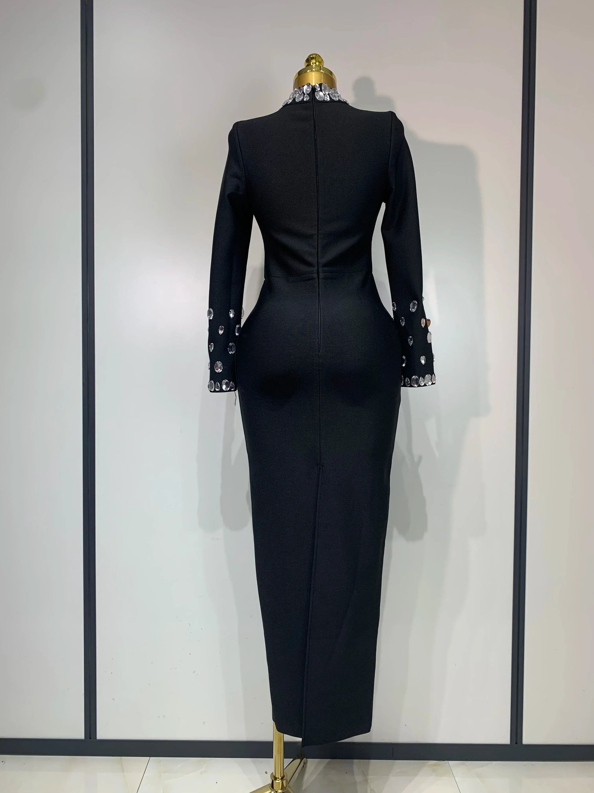 Luxury Birthday Dresses Sparkly Diamond Long Sleeve Black Bodycon Bandage Dress Women Wedding Evening Club Party Prom Gowns