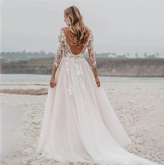 Classic A-line Wedding Dress V-neck Sleeves Lace Appliques Backless Tulle Princess Bridal Gowns Boho Garden Vestidos De Noiva