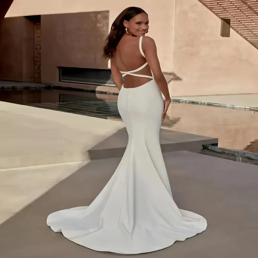 Simple Mermaid Wedding Dresses Straps Square Neck Backless Soft Satin Court Train Bride Dress Bridal Gowns Sweep Train Vestidos
