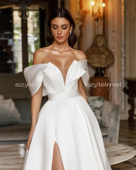 A Line Off Shoulder Wedding Dresses For Courthouse Cap Sleeve Bridal Gowns Back Zipper Customized Evening Dress For Wedding