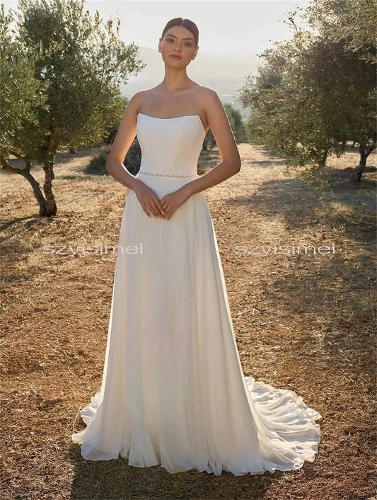 Sexy Strapless A-Line Wedding Dress Sleeveless Chiffon Bridal Gown White Evening Dresses vestido de noiva