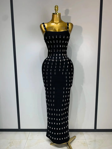 Women's Fashion Sexy Luxury Rhinestone Black Bodycon Bandage Dress Cocktail Evening Party Long Dresses Wedding Guest Gown black