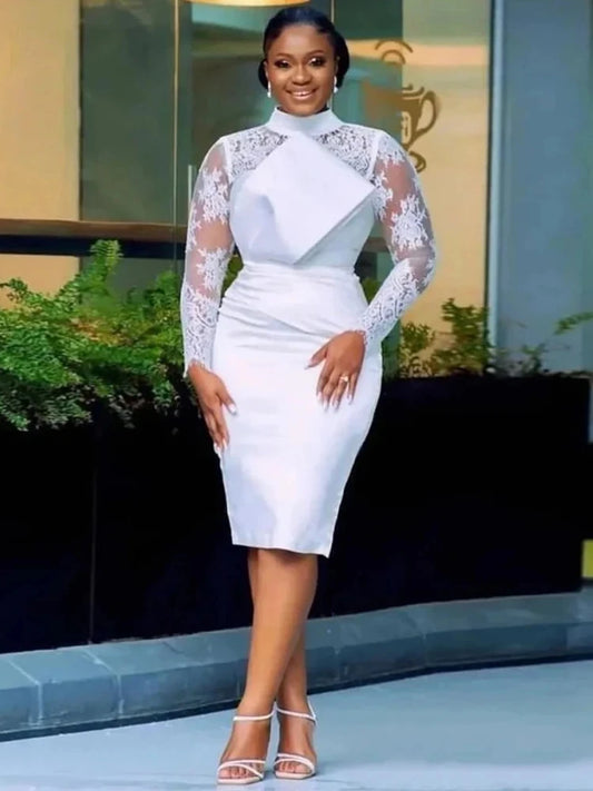 Aso Ebi Short Wedding Dress 2026 High Neck Lace Long Illusion Sleeves Sheath Bride Party Gowns New Vestidos De Noiva