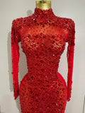 Sparkling Red Crystals Feathers Long Sleeve Mermaid Maxi Dress Women Wedding Celebrate Luxury Birthday Party Prom Gown