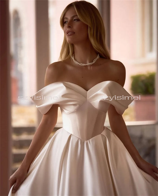 Simple A Line Wedding Gown For Women Off Shoulder Customized Wedding Dress Luxury Evening Bride Dresses vestido de noiva