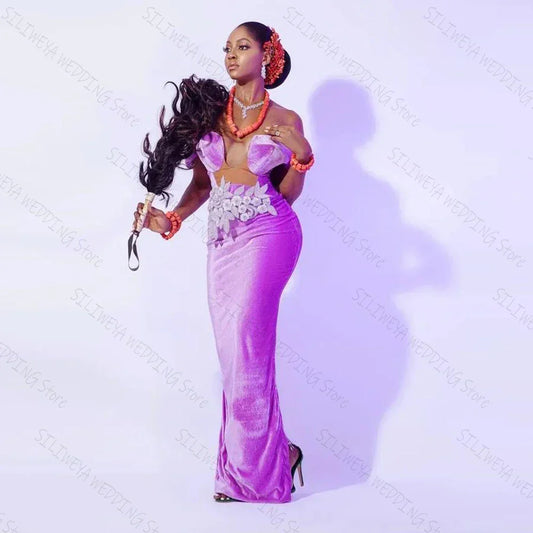 Purple Velvet Evening Dresses With Detachable Train African Appliques Off Shoulder Formal Party Gown فساتين للحفلات الراقصة