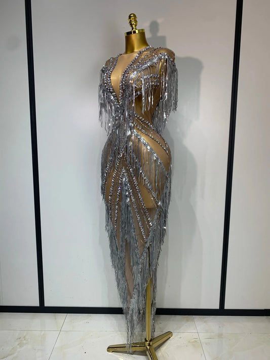 Luxury Sparkly Diamonds Tassels Sexy Mesh Sheer Long Dress Women Evening Birthday Party Nightclub Bar Festival Stage Costumes