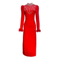 Black Red Color Women Long Sleeve Shinning Crystals Long Maxi Dress Celebrate Elegant Evening Party Outfit Vestido