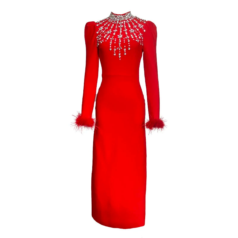 Black Red Color Women Long Sleeve Shinning Crystals Long Maxi Dress Celebrate Elegant Evening Party Outfit Vestido