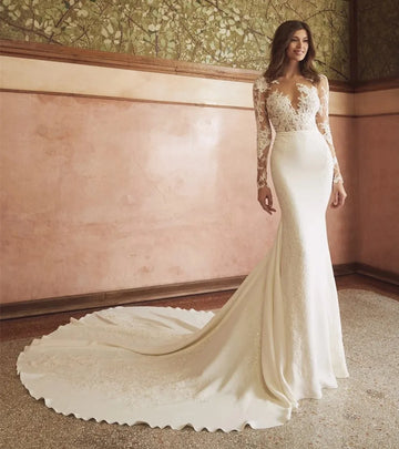 2026 Sexy Mermaid Wedding Dress O-neck Lace Appliques Illusion Buttons Back Women Brides Bridal Dress Vestidos De Noiva