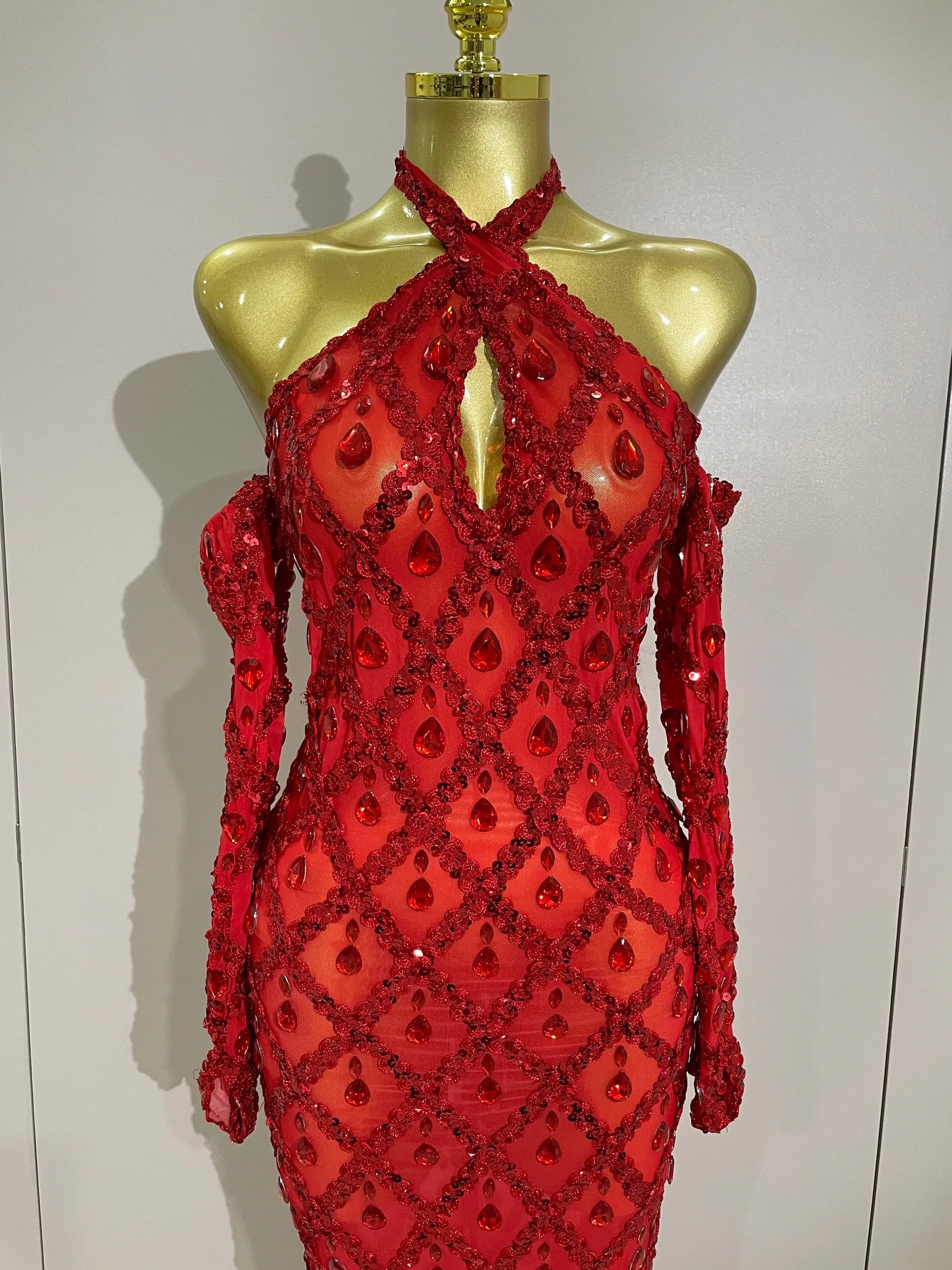 Sexy Sparkly Rhinestones Halter Mesh Long Dress With Gloves Women Celebrate Evening Wedding Prom Birthday Dress Shoot Wear