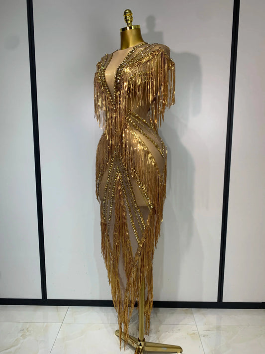 Luxury Sparkly Diamonds Tassels Sexy Mesh See Through Dress Women Evening Birthday Party Nightclub Bar Singer Stage Costumes