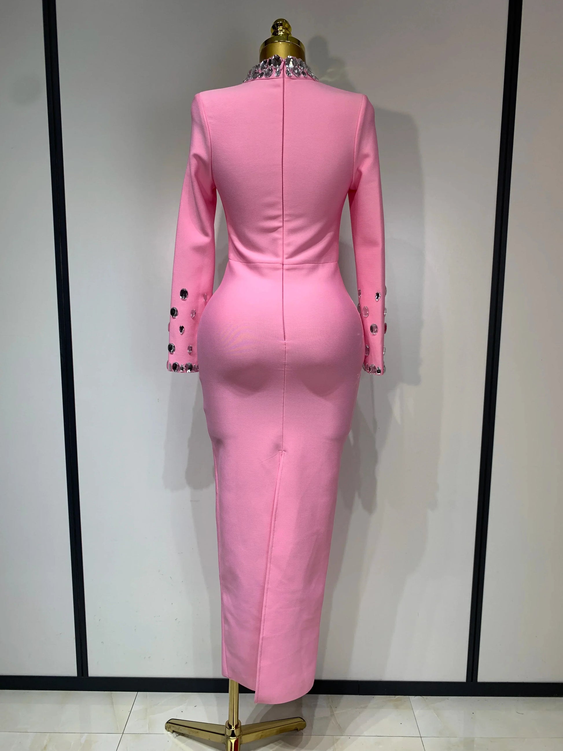New Arrival Luxury Birthday Dresses Diamond Long Sleeve Pink Bodycon Bandage Dress Women Wedding Evening Prom Gowns