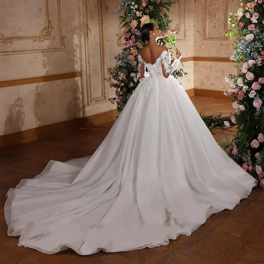 Elegant Wedding Dress 2026  V Neck Long Sleeves Flowers Applique Court Train Bridal Bride Gown Women Classic vestidos de novia