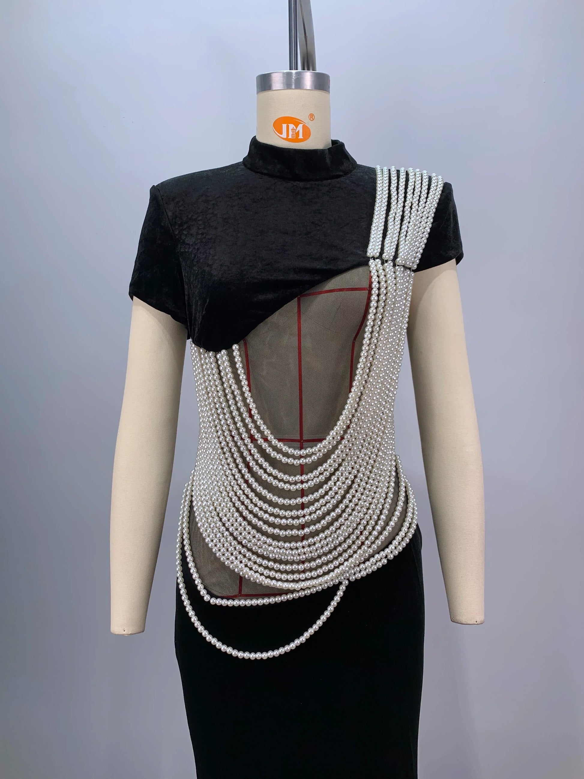 2024 New Celebrity Red Carpet Dress Women Sexy Short Sleeve Pearl Beading Bodycon Long Dress Evening Party Prom Outfit Vestido