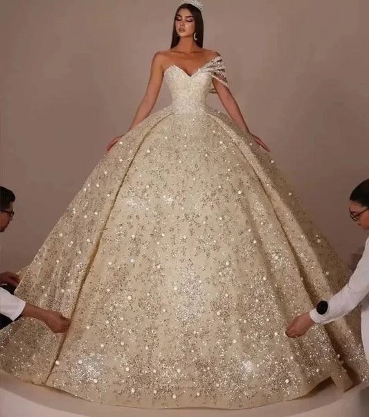 Luxury Ball Gown Wedding Dress Sequins Beaded Bridal Dresses Church Bride Gown Arabic Dubai vestidos de novia
