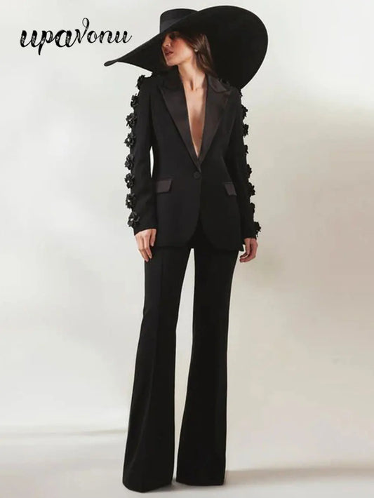 2024 Women Suit Pants Set with Collar, Long Sleeve, Three Dimensional Flower Decoration, Slim Fit Suit Coat+Two Piece Pants Set