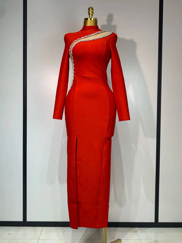 Sparkly Rhinestone Long Sleeve Red Bodycon Bandage Dress Women Wedding Evening Club Party Prom Gowns Luxury Birthday Dresses Red