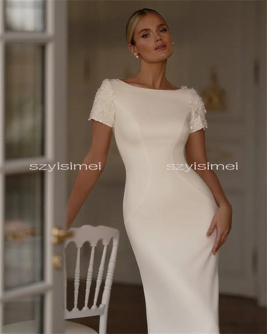 Classic O Neck Wedding Dresses Cap Sleeves With Appliques Mermaid Bridal Gown Backless Evening Dress Vestido De Casamento