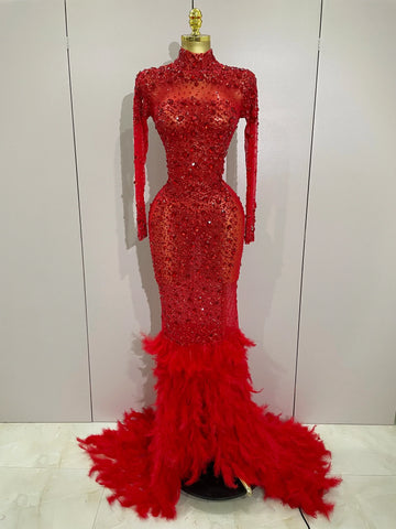 Sparkling Red Crystals Feathers Long Sleeve Mermaid Maxi Dress Women Wedding Celebrate Luxury Birthday Party Prom Gown Red