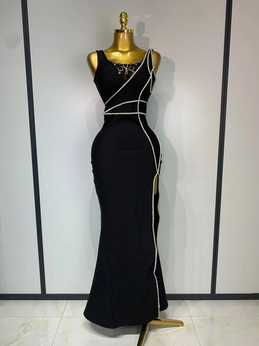 New Women Sexy Beading Black Maxi Long Bandage Dress Luxury Birthday Dresses Evening Club Party Knitted Bodycon Clothing black