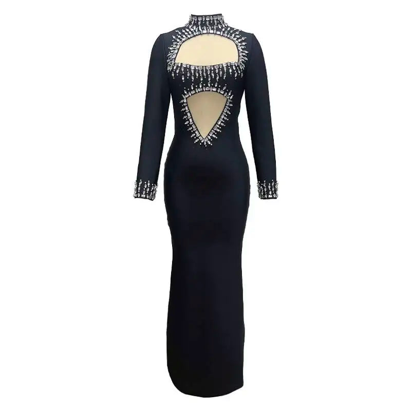 New Winter Style Women Long Sleeve Sexy Mesh Sparkly Crystal Bodycon Long Bandage Dress Fashion Celebrate Evening Party Dress