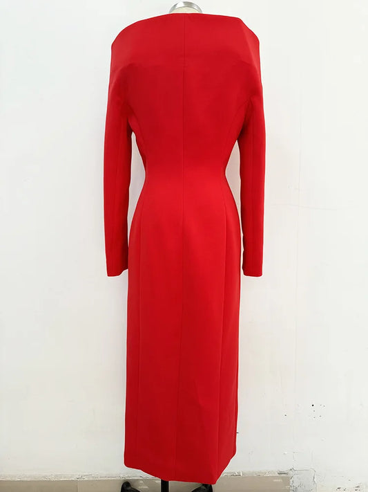 Celebrity Red Carpet Dress Women Long Sleeve Sexy Off the Shoulder Bodycon Mid-calf Dress Elegant Evening Party Outfit Vestido