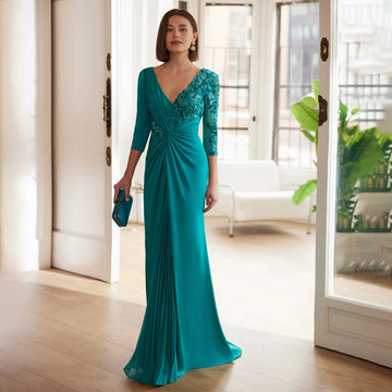 Sexy Deep V Neck Sheath Evening Dress Long Sleeves Bridal Gown For Wedding Pleats Evening Gowns amanda’s novias