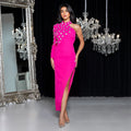 New Rosered Color Women Sexy One Shoulder Big Crystal Bodycon Long Bandage Dress Celebrate Evening Party Birthday Fashion Dress