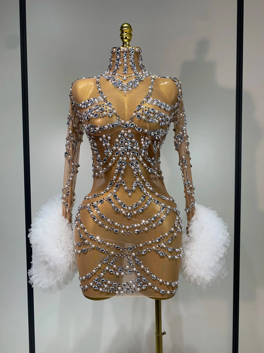 Luxury Sparkly Diamonds Pearl Mesh Mini Dress Women Celebrate Evening Party Birthday Fancy Club Sexy Bodycon Singer Stage Outfit Khaki