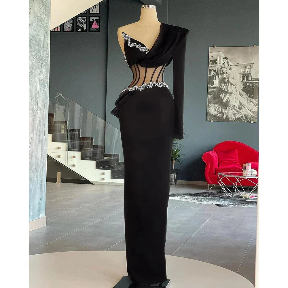 Elegant Black Evening Dresses One Shoulder Long Sleeves Crystals Beaded Plus Size Lace-up Back Women Pageant Gowns as picture