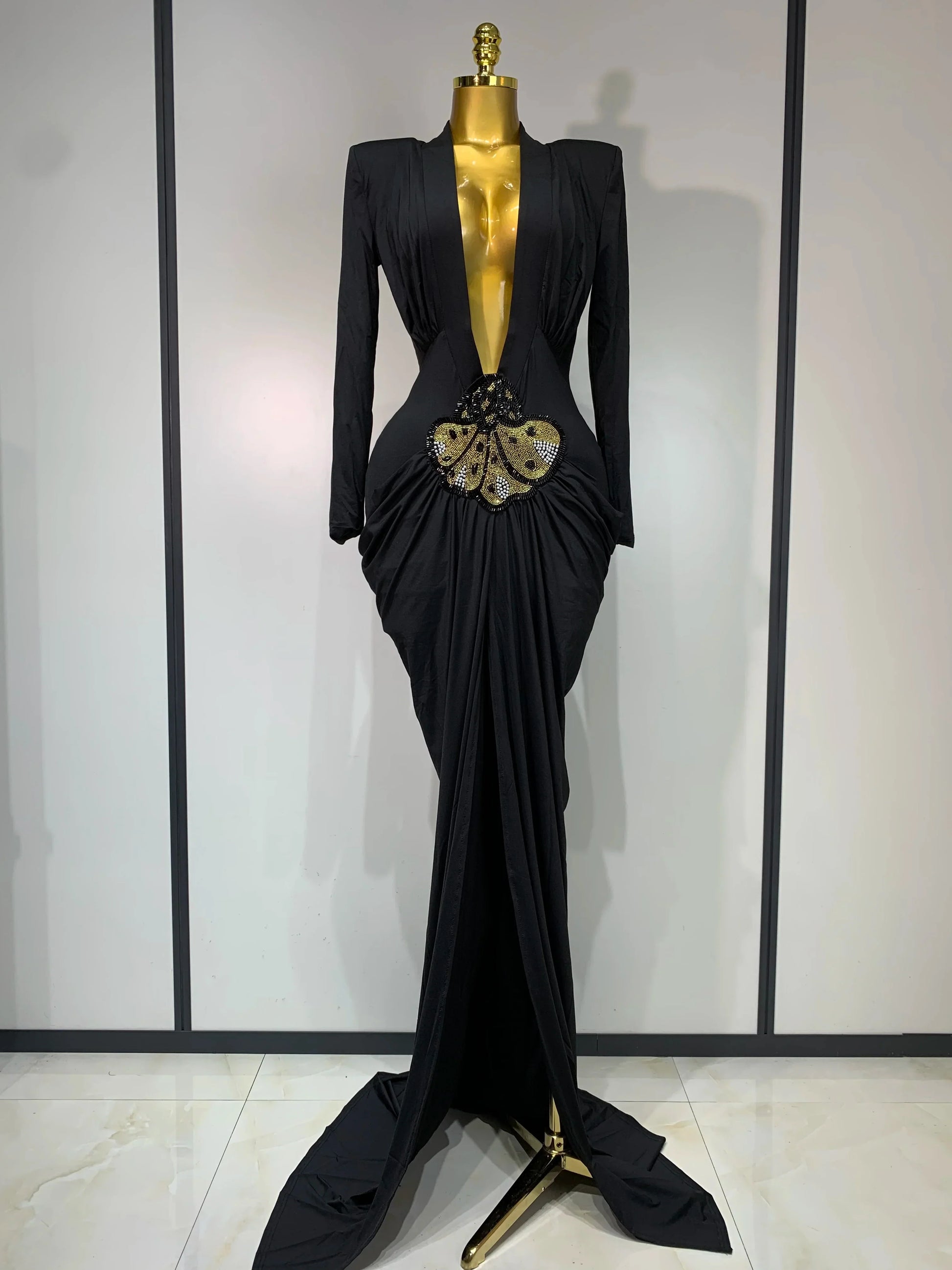 Women Sexy Deep V-Neck Bead Long Sleeved Bodycon Prom Gowns Elegant Celebrity Evening Maxi Dress Luxury Birthday Dress Wedding black