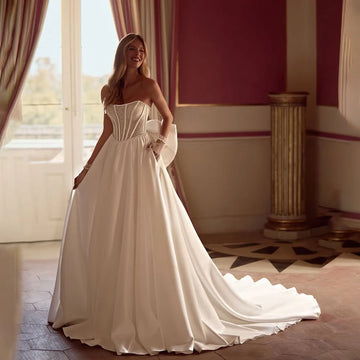 Simple A Line Wedding Gown For Women Strapless Top Lace Customized Back Corset Wedding Dress Luxury Evening Bride Dresses