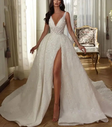 Shinny Ball Gown Wedding Dress 2026 V Neck Sequins Straps Appliques Lace Slit Pearls Bridal Bride Gown Women vestidos de novia
