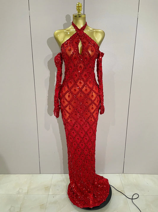 Sexy Sparkly Rhinestones Halter Mesh Long Dress With Gloves Women Celebrate Evening Wedding Prom Birthday Dress Shoot Wear Red