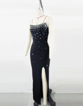 Black Color Women Sexy Shinning Crystal Bodycon Long Bandage Dress Elegant Evening Party Celebrate Birthday Photo Shoot Wear