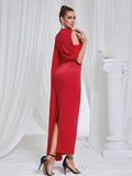 2024 Chic and Elegant Women's Red Dress O-neck Single Shoulder Oversized Trumpet Sleeve Bodycon Long Dress Evening Party Vestido