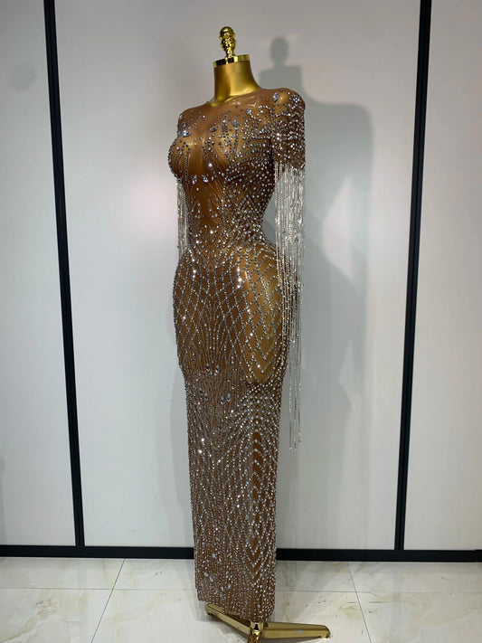 Luxury Sparkly Rhinestones Tassel Transparent Mesh Stretch Long Dress Women Evening Celebrate Birthday Dress Sexy Stage Costumes