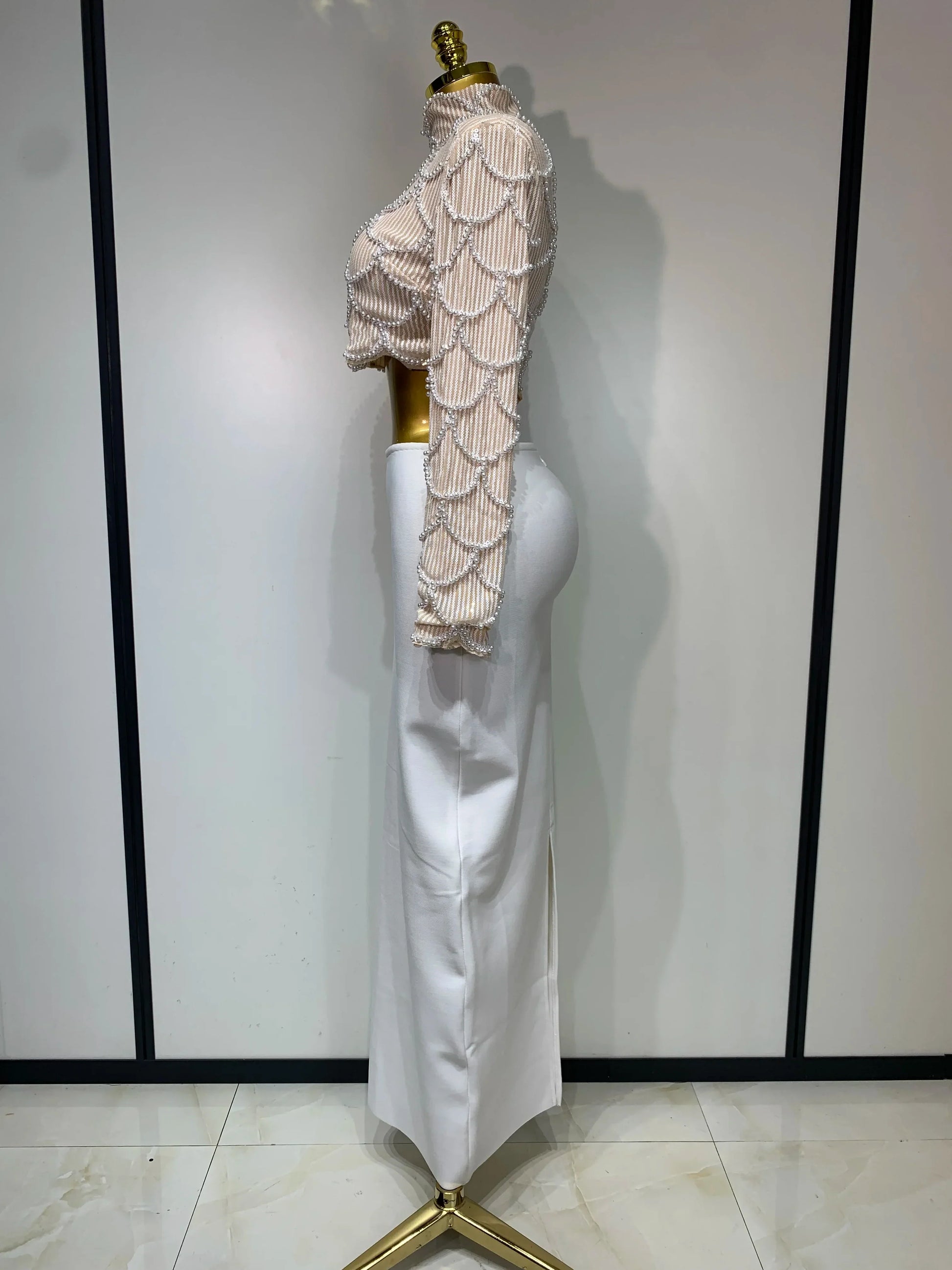 Women Long Sleeve Sexy Beading Tops Two Pieces Set Bodycon Long Bandage Dress Luxury Birthday Evening Party Wedding Guest Gowns