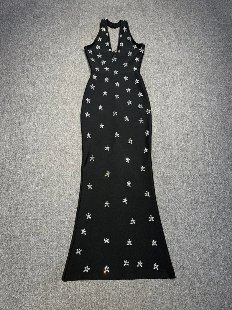 High Quality Women Sleeveless Sexy Halter Off the Shoulder Shinning Crystal Bodycon Long Bandage Dress Celebrate Evening Outfit black