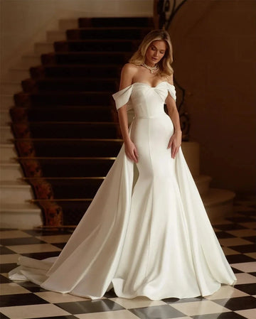 Elegant Satin Mermaid Wedding Dress Detachable Train Simple Off Shoulder Sweetheart Princess Bridal Gowns