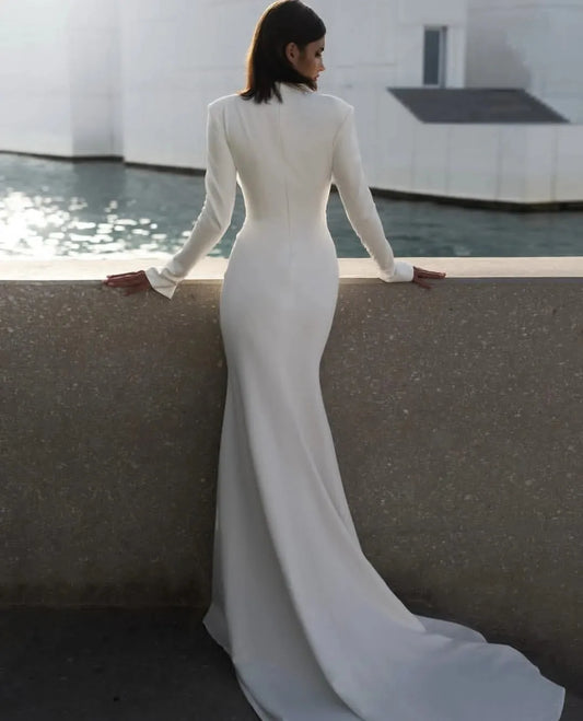 Gorgeous Wedding Dress Mermaid Bridal Gown 2026 Deep V Neck Full Sleeves Button Sleeves Silt Satin Bride Dresses Robe Mariage