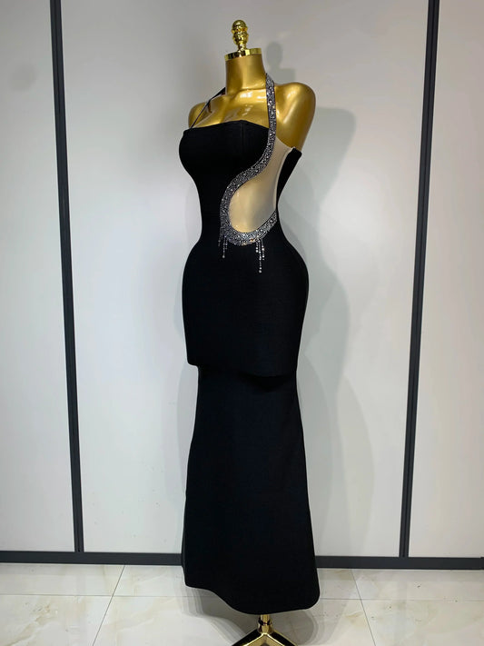 Women Sexy Rhinestone Halter Long Bandage Bodycon Dress Celebrity Elegant Evening Party Luxury Birthday Wedding Dresses