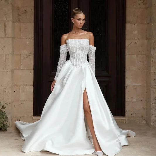 Shiny Beaded Sequined Wedding Dresses 2026 Detachable Long Sleeves Strapless Side Slit A Line Bride Dress Bridal Gowns Vestidos