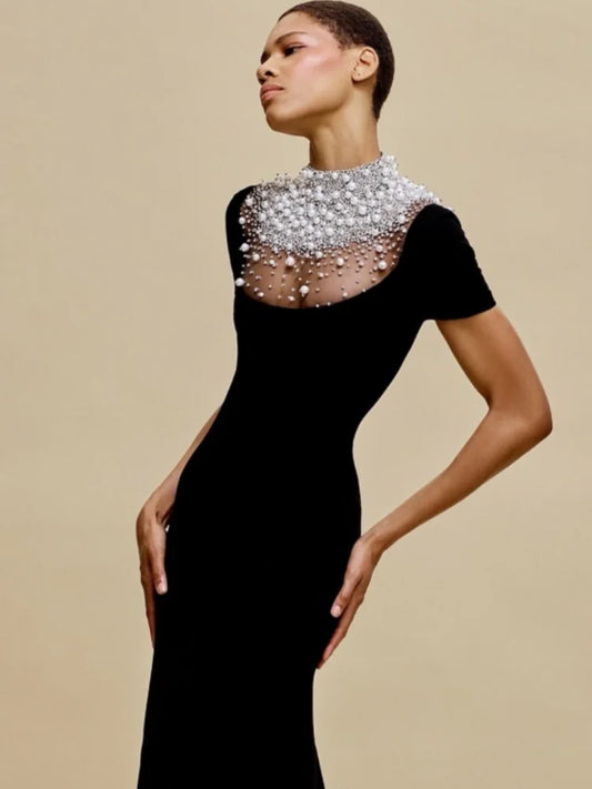 High Quality Women Short Sleeve Pearl Beading Velvet Bodycon Long Dress Elegant Evening Party Celebrate Cocktail Dress black