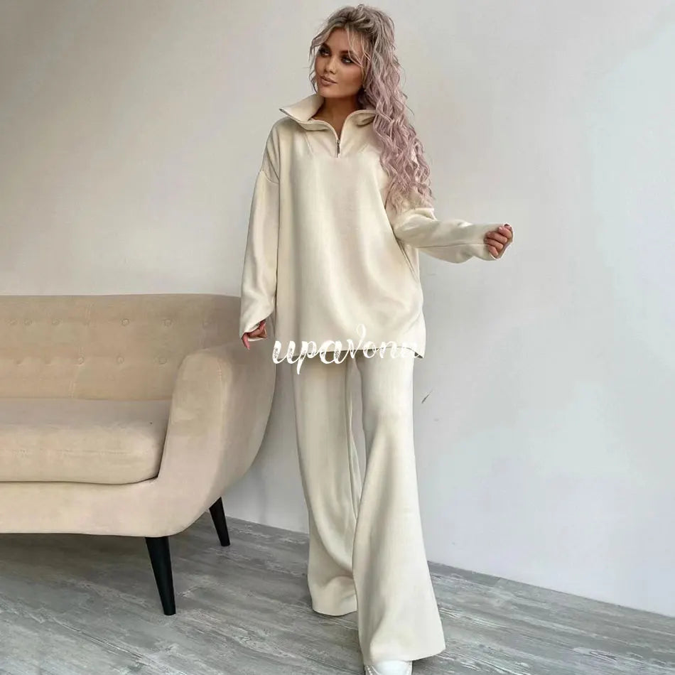 2024 Casual Autumn Loose Knit Sweater Set Fashion Zip Lapel Long Sleeve Pullover Sweater & Straight Pants Two-piece Set Apricot