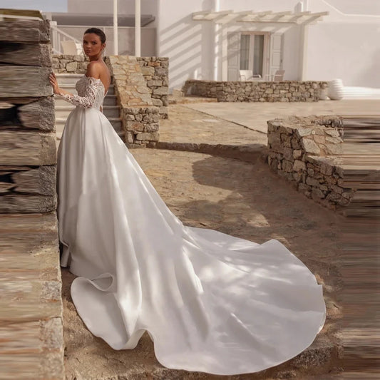 Elegant A-line Wedding Dresses Long Sleeves Lace Appliques Illusion Satin Court Train Formal Bridal Gowns  Vestidos De Novias